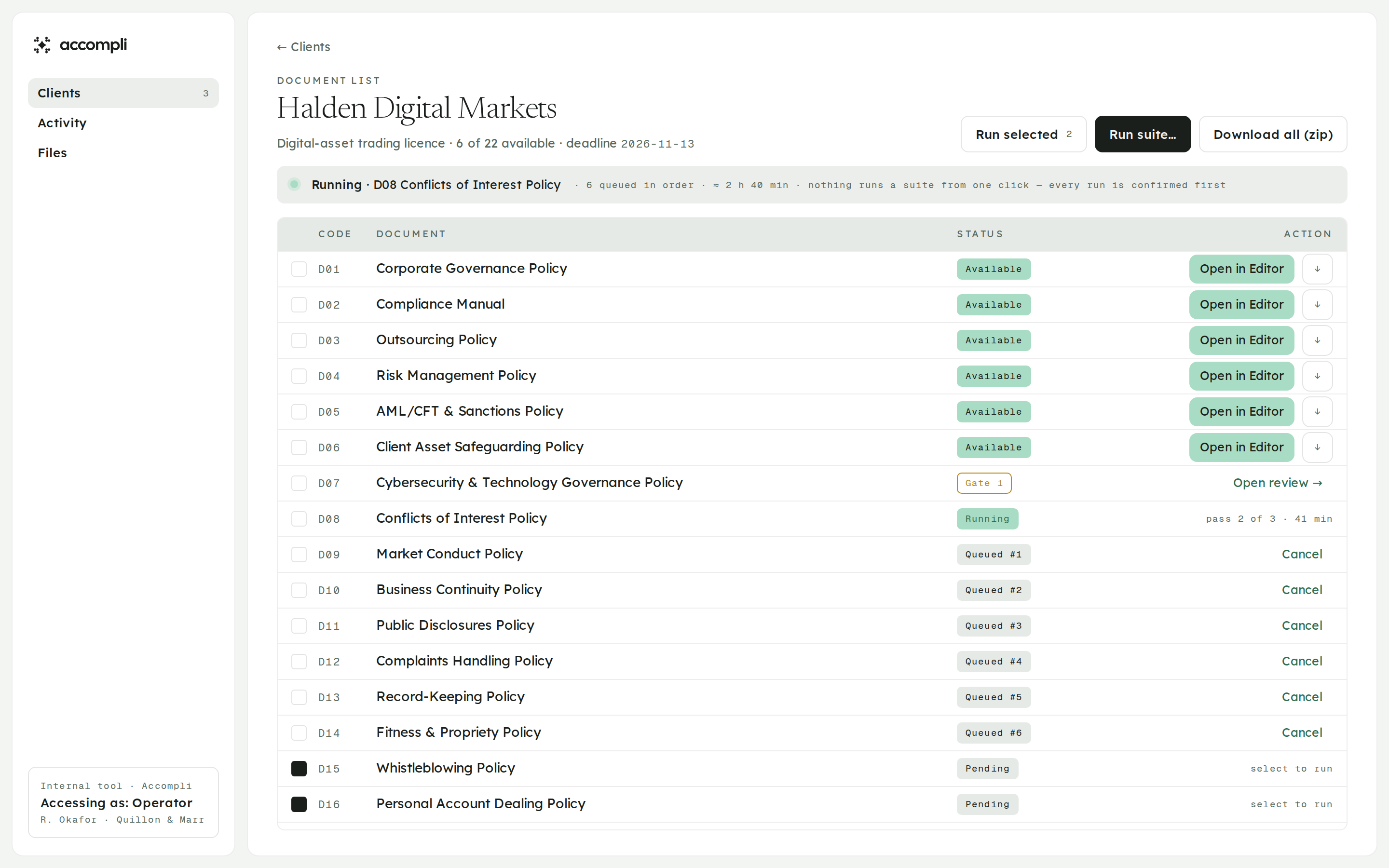 The document list with a suite running